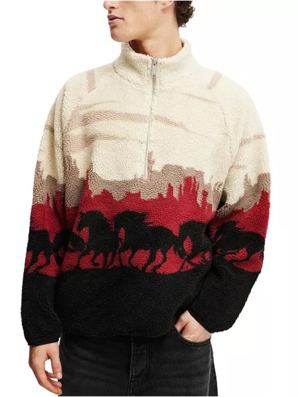 Cotton On Men's Sherpa Zip-Up Sweater Wild Horses 🐎